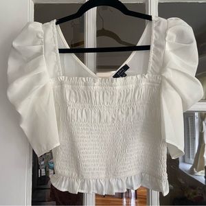 Privy Privately Privileged stretchy sheer puff sleeve ruffle frilly crop top